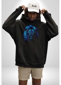 Resim Aslan Mavi Gözlü Kadın Erkek Siyah Kapüşonlu Sweatshirt Hoodie Siyah 