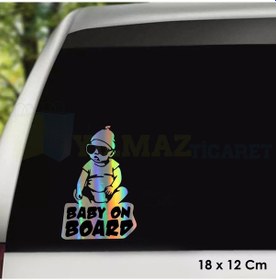 Resim Şapkalı Arabada Bebek Var Hologram Oto Sticker Araba Etiket 