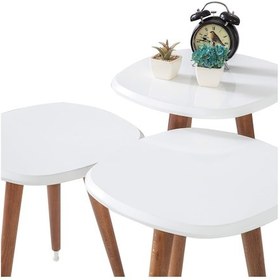 Resim 3'Lü Ahşap Yuvarlak Zigon Sehpa Beyaz Mermer Lüx Ayaklı B8 