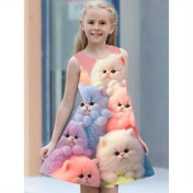 Resim 1 adet 3D Dijital Baskı Casual Elbise, Polyester, Tüm Üzeri Baskı, Kolsuz, Püslü, Kızlar İçin, İlkbahar/Yaz 