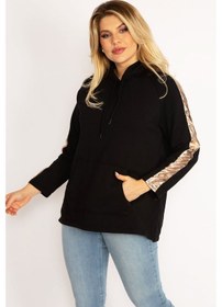 Resim Şans Kadın Siyah Kolları Dore Şerit Detaylı Kapşonlu Kanguru Cepli Sweatshirt 65n34671-siyah Siyah 