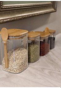 Resim The Mia Bambu Kaşıklı Cam Saklama Kabı Kare 1050 Cc 