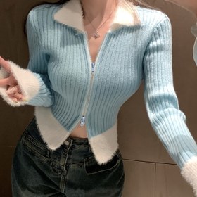 Resim Kadın Şık Kontrast Yakalı Hırka - Uzun Kollu Fermuarlı, Kabarık Kollu Kazak & Çizgili Tasarım, Düz Renk, Sonbahar/Kış Modası, Günlük Stil, Sonbahar Kış Giyim | Şık Örme | Yapı, Hırka Kazak, Günlük Giyim 