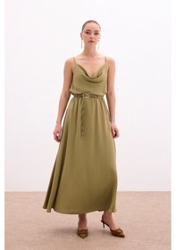 Resim Sateen Kemerli Uzun Etek - Haki-136081 Haki 