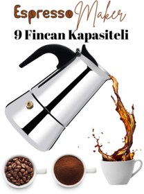 Resim Moka Pot Espresso 9 Cup 450 Ml Paslanmaz Çelik Ocak Üstü (9 Fincan) 