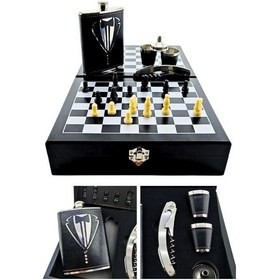 Resim Deri Kaplamalı Çelik Matara Ve Çakı Hediye Seti 4 Shot Bardak Özel Ahşap Kutusunda Satranç Takımı Siyah 