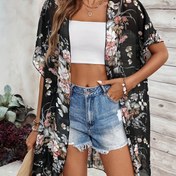 Resim Zarif Çiçekli Şifon Kimono Hırka - Hafif, Şeffaf Siyah Canlı Çiçek Baskılı, Kısa Kollu, Önü Açık, Plaj için Mükemmel, İlkbahar/Yaz Kadın Modası, Yaz Katman Parçası | Yumuşak Drap Kumaşı, Kimono Tarzı Hırka 