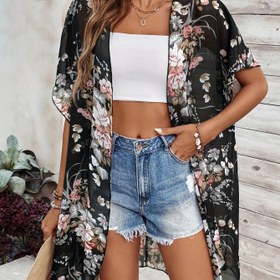 Resim Zarif Çiçekli Şifon Kimono Hırka - Hafif, Şeffaf Siyah Canlı Çiçek Baskılı, Kısa Kollu, Önü Açık, Plaj için Mükemmel, İlkbahar/Yaz Kadın Modası, Yaz Katman Parçası | Yumuşak Drap Kumaşı, Kimono Tarzı Hırka 
