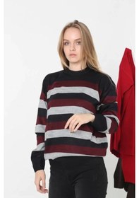 Resim Nnstartshopping Unisex Kalın Çizgili Bisiklet Yaka Triko Kazak - Bordo Bordo 