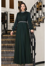 Resim Raika Moda Senna Taş Detaylı Büyük Beden Şık Tesettür Abiye Zümrüt 