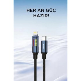 Resim Torima Şarj Kablosu Type-C to Lightning Led Ekranlı Hızlı 27W Örgü Data Kablo U21 Siyah 