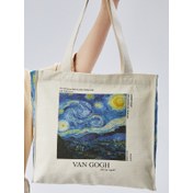 Resim Bagg Vangogh Fermuarlı Yan Körüklü Bez Çanta Ekru 