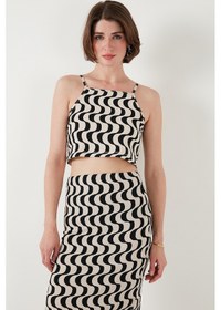 Resim Lela Slim Fit Ip Askılı Yırtmaçlı Bayan Takım 5865278 Siyah-Beyaz 