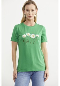 Resim Papatya Baskılı Basic Tişört - Yeşil Çok Renkli 