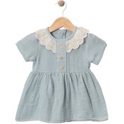 Resim Yaka Dantelli Elbise Mavi 