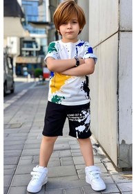 Resim Riccotarz Erkek Çocuk Bisiklet Yaka Üzeri Renki Boya Desenli T-shirt Beli Lastikli Siyah Şortlu Takım Siyah 