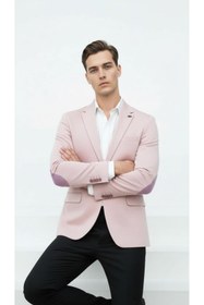 Resim Plus Scorpion Açık Pembe Erkek İtalyan Kesim Blazer Ceket -Kol Yamali, Slim Fit, Şık ve Modern Tasa 