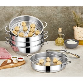 Resim Genel Markalar Oms Collection 6 Parça 32 Cm Buharlı Pişirici Mantı Tencere Seti ( 6090C - Gümüş ) 