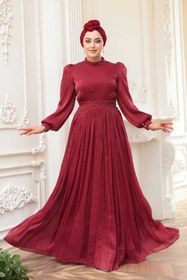 Resim N.S NEVA STYLE Boncuk Detaylı Bordo Tesettür Abiye Elbise 52751BR 
