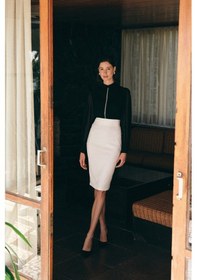 Resim Sateen Düz Kalem Etek - Ekru 