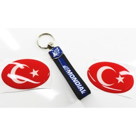 Resim KESMEZ MOTOR MONDİAL MOTOSİKLET ANAHTARLIK VE İKİ ADET DAMLA AY YILDIZ ÇIKARTMA 