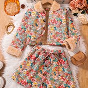 Resim Genç Kız Çiçek Baskılı Borg Yaka Ceket ve Kemerli Etek İki Parça Takım 