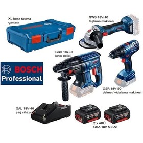 Resim Bosch Gbh 187-LI Kırıcı Delici + Gws 18V-10 Taşlama Makinesi + Gsr 18V-50 Delme/Vidalama 3 Lü Set 