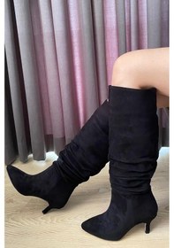 Resim Asmi Shoes Kadın Oslo Topuklu Körüklü Şık Tarz Günlük Rahat Çizme Siyah Süet Siyah 