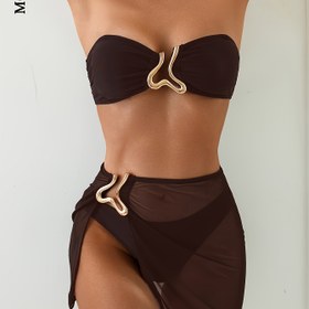 Resim Kadınların Düz Renk Tatil Stili Tüp Üst Askısız Yan Yırtık Metal Süslemeli Kısa Etek Rahat Plaj Bikini Seti Üç Parça Set 