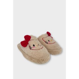 Resim Liger Hellokitty Figürlü Sıcak Tutan Kışlık Kadın Ev Terliği Bej - Kırmızı 