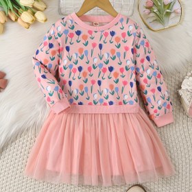 Resim Kızlar için Tulip Çiçek Desenli Dijital Baskılı Elbise, Mesh Etekli, Doğum Günleri, Festivaller, Partiler ve Dış Mekan Etkinlikleri için Mükemmel. 