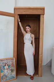 Resim LOISY Kadın Halter Yaka Ajurlu Maxi Boy Plaj Elbise 