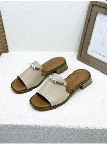 Resim 25y048 Taş Detaylı Hakiki Deri 3cm Kalın Topuklu Terlik Kadın Bej 