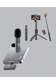 Resim MegaSepet Mey İthalat® Kablosuz Çift Yaka Mikrofonu ve Tripodlu Selfie Çubuğu İçerik Üretici Seti 