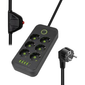 Resim Mcreative 6'lı Akım Korumalı Priz, Anahtarlı, Topraklı, Çocuk Korumalı, 1.5 Metre Kablo, 4 x Usb, 1 x Type-C Pd Girişli, Altılı Priz Çoklayıcı Grup Priz, Maks 16A Kapasite, 3000W Güç, (Siyah) 