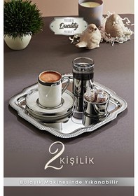 Resim Grimorlife 2 Kişilik Tepsili Gümüş Porselen Fincan Seti Damat Kahvesi-söz Nişan Türk Kahvesi Kahve Fincanı Gümüş 