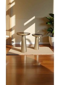 Resim Doğal Ahşap Mantar Sehpa 2 Li Takım Altın Varak Rek Yan Sehpa Seti Altın 