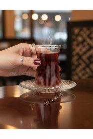 Resim Hisar 12 Parça 6 Kişilik Çay Bardağı Seti - Dekorlu Şık Cam Çay Takımı Şeffaf 