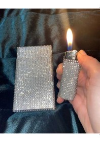 Resim Lüks Taş Taşlı Sigara Kutusu ve Çakmak ( Uzun Slim ) 