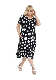 Resim Melsay Butik Büyük Puanlı Kuplu Cepli Kısa Kollu Kadın Midi Elbise Siyah 