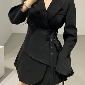 Resim Kadınların Ayarlanabilir Çift Kemerli Zarif Çift Düğmeli Blazeri - Şık Yaka, Uzun Kollu, Polyester, Bahar ve Sonbahar için Mükemmel, Rahat Kıyafet|Şık Yaka|Polyester Blaze 