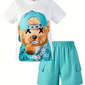 Resim Erkek Çocuklar için Günlük Ayı Grafikli Tişört & Şort Takımı - Hafif Polyester Karışımı, Makinede Yıkanabilir, Cepli Yazlık Kıyafet, Gençler için Rahat Giyim|Trend Gençler Takımı|Esnek Kumaş, Dış Mekanlar için Mükemmel 