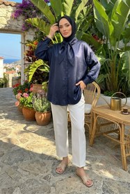 Resim adamila Kadın Lacivert Fiyonk Detaylı Saten Oversize Tesettür Tunik Gömlek Uzun Kollu Şık Günlük Trend Tunik 