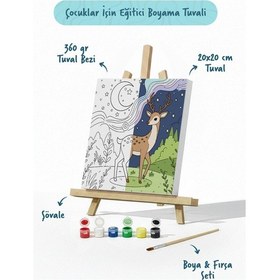 Resim Sevimli Geyik Temalı Çocuk Boyama Tuvali Şövaleli Eğitici Boyama Seti 20x20 Cm 