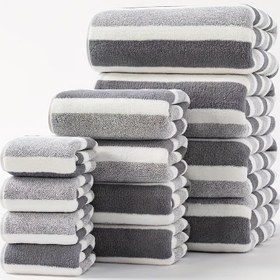 Resim 12 parça set, 4 banyo havlusu + 4 el havlusu + 4 kare banyo havlusundan oluşan set, büyük boy, hızlı kuruyan, yüksek emicilik, ev ve otel kullanımı için uygun, çizgili tasarım 