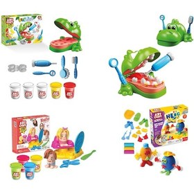 Resim Dinozor Dişçi Oyun Hamur Set + Kuaför Oyun Hamur Seti + İnsan Fi 