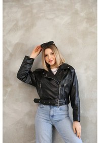 Resim Genculus Kemerli Crop Deri Oversize Kadın Yeni Sezon Ceket Çok Renkli 
