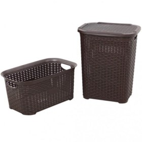 Resim Genel Markalar Plastik Rattan Hasır Görünümlü Kirli Çamaşır Sepeti- Çamaşır Sepeti 2'li Set Kahverengi 