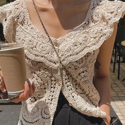 Resim Düz Renk Düğmeli Ön Bluz, Boho Kısa Kollu İlkbahar ve Yaz İçin Hırka Üst, Kadın Giyim 