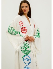 Resim Müslin Kimono Pamuklu Hayat Ağacı Baskılı Desenli Bornoz Kaftan Sabahlık Beyaz 